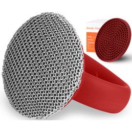 Herda - Cepillo limpiador de hierro fundido con asa, cepillo de malla fino soldado + bandeja, cepillo de metal para limpiar sartenes de hierro, cepillo de limpieza de plancha Castiron