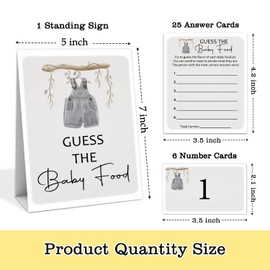 Baby Shower Game Set, Guess the Baby Food Party Game - 1 Standing Sign & 25 Answer Cards & 6 Number Cards, Boho Boy Baby Clothes Baby Shower Party Decoration Supplies, Name the Baby Food Game-swb011