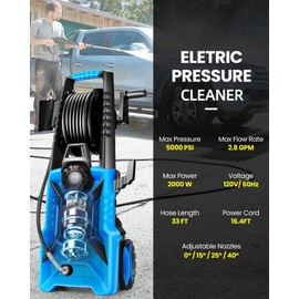 Pressure Cleaner High Power Cleaner with 33ft Pressure Hose Reel, 4 Nozzles and Foam Cannon for Cars/Fences/Driveways/Patios/Home Cleaning (Blue)