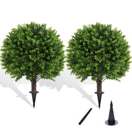 Chillchard 22" Artificial Boxwood Topiary Outdoor Plants with Spike, 2 Pack Faux Bushes