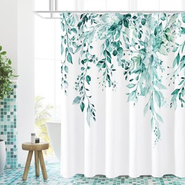 Gibelle Extra Long Shower Curtain 72 x 84, Teal Floral Shower Curtain for Bathroom, Watercolor Plant Eucalyptus Leaves Fabric Shower Curtain Set with Hooks
