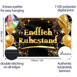 Finally Retirement Banner 150 x 90 cm - Rente Gut Alles Gut Garland - Alles Gute Zum Ruhestand Decoration - Vivid Digital Print - 110 Denier Polyester - Double Stitching (Black & Gold)