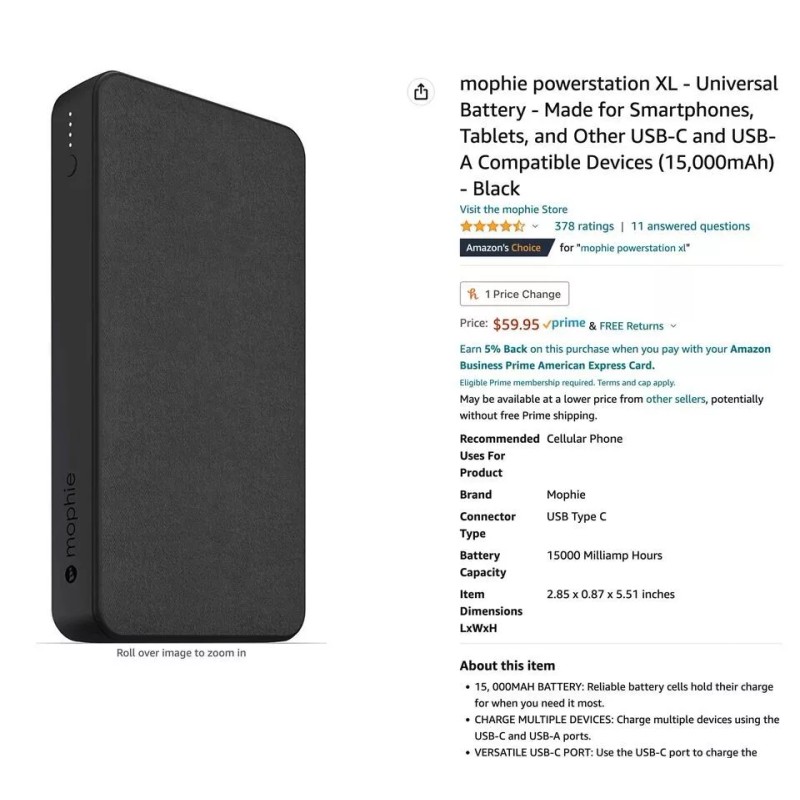 mophie powerstation XL - Battery USB-C and USB-A Compatible Devices
