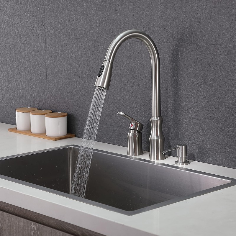 HOTIS 3 Hole Kitchen Faucet with Pull Down Sprayer, Brushed