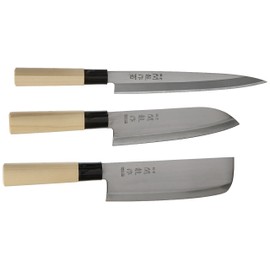 Happy Sales HSKN-3KN01, Set of 3 Japanese Sushi Chef Knives - Sashimi-Santoku-Nakiri Knife
