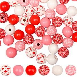 UNVOJL 60 Pieces Valentine's Day Wood Beads Heart Beads Colorful Wooden Round Beads