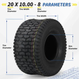 2PCS 20 X 10.00-8 Turf-V Pattern Lawnmower Tubeless Turf Tire, Lawn Mower Tire and Wheel for Tractor Riding Lawnmowers, 4 Plymaterial: Rubber, size: 20in