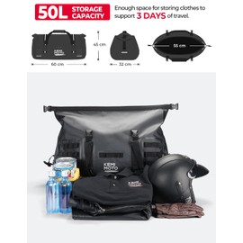 KEMIMOTO Motorcycle Dry Bag Waterproof 50L Roll Top Closure Universal Motorcycle Tail Luggage Travel Bag Handbag Comapatible with Dual Sport Dirt Bike Adventure Touring Sportster for Trip Camping