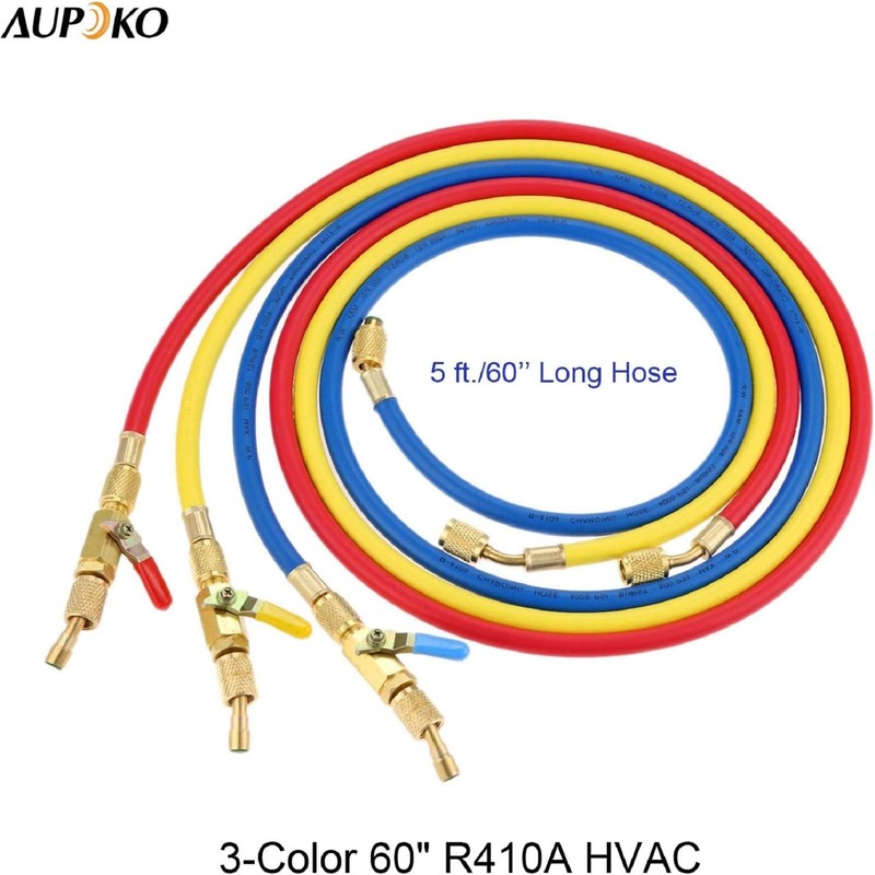 Refrigerant A/C Charging Hoses with Ball Valves, 3-Color 60" R410A