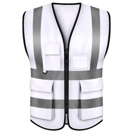 TopTie White Safety Vest with 5 Pockets Reflective Vest Cycling Vest Running Vest with Reflective Stripes, White, M