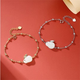 Rofeego Natural White Jade Rabbit Bunny Charm Link Bracelet 925 Sterling Silver Adjustable Mother's Day Gift Anniversary Jewelry Birthday Gifts for Women Wife Girlfriend Her (Plated Platinum)
