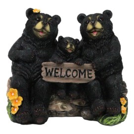 Papa Mama Black Bears and Cub Sitting On Log with Welcome Plank Sign Figurine