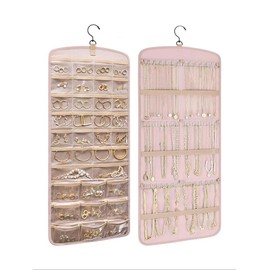 Hangable Jewelry Storage Bag, with Hook, Compact Multi-grid Jewelry Organizer for Necklaces & Earrings, Jewelry Display & Organizer for Travel, Home & Office Use - Color: Pink, Specification: PINK-Laege size