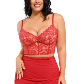 Popilush Bustier Corset Crop Tops for Women V Neck Lace Bralette with Underwired Racerback Adjustable Straps