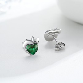 Cat Heart Birthstone Stud Earrings Sterling Silver Emerald Earrings for Women