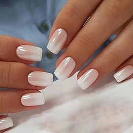 30pcs Square Press on Nails Short Gradient Fake Nails White Pink Ombre False Nails with Design Pearl Stick on Nails Acrylic Nails Glossy Mirror Chrome Glue on Nails Reusable for Women Girls Manicure…