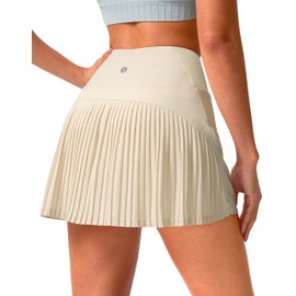 SANTINY 14" Tennis Skirt Skorts for Woman Pleated High Waited Skirts with Built-in Shorts Athletic Golf Skort (Beige_M)
