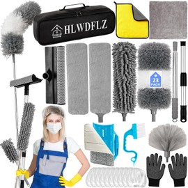 HLWDFLZ Microfiber Duster Kit 23pcs with 30 to 100 Inches Extension Pole and Extendable Window Squeegee, Washable and Bendable Feather Duster for Cleaning Ceiling Fans, High Ceilings, Cobwebs, Blinds