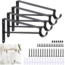 4 Pack Closet Rod Bracket Heavy Duty, Wall Mounted Closet Shelf Brackets, Metal Closet Shelf Brackets with Rod Support, Black