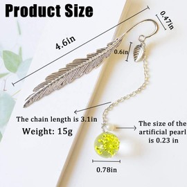 3Pcs Metal Feather Bookmark, Glass Beads Eternal Dry Flower Pendant for Birthday Book-Lover Women Ladies Wife Girls Teacher (Pink+White+Yellow)