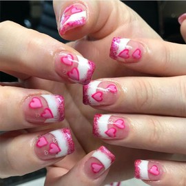 NEWSPIED Valentines Nails Press on Nails Short Square Heart Fake Nails with Designs Pink White Glitter French Tip Glue on Nails Valentine's Day Acrylic Nails Cute False Nails for Women Manicure 24Pcs