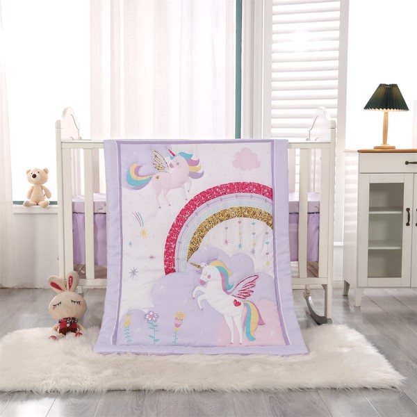 Wowelife Unicorn Crib Bedding Set Purple, Premium 3-Piece Baby Bedding Set Unicorn, Baby Girl Nursery Crib Set, Breathable and Soft for Boy and Girl