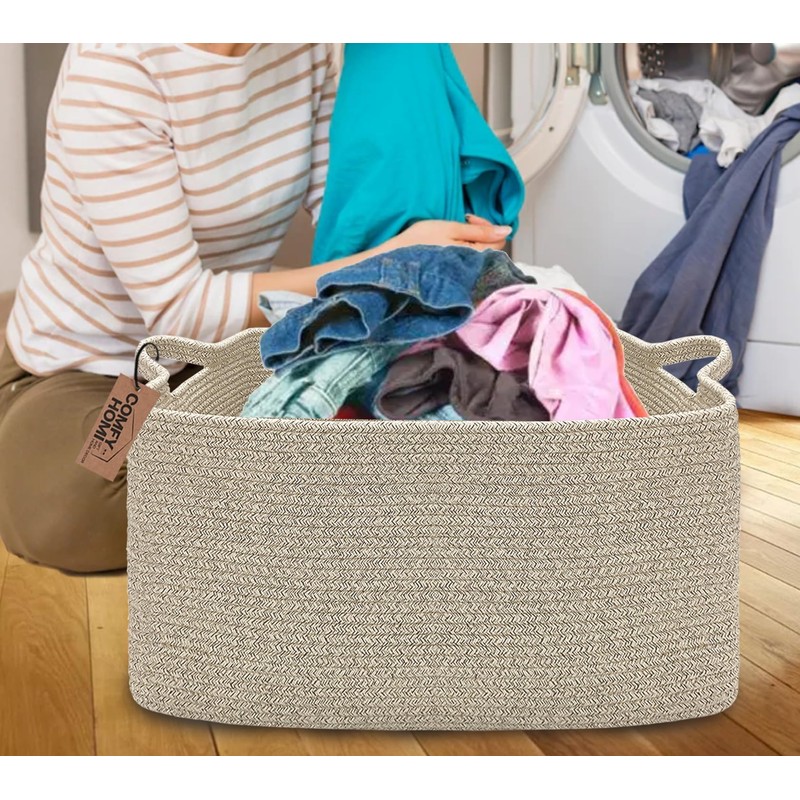 COMFY-HOMI Large Rectangular Blanket Basket, Woven Cotton Rope Baskets for