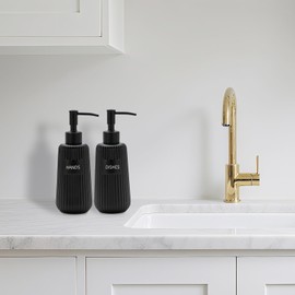 Karisky Kitchen Soap Dispenser Set with Stainless Steel Pump and Funnel, Modern Ceramic Refillable Hand and Dish Soap Dispenser Set for Kitchen, Bathroom, Office, Hotel, Matte Black