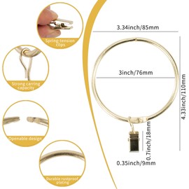 Openable Curtain Rings with Clips,3inch Inner Diameter,Heavy Duty Rustproof Metal Decorative Vintage Drapery Rings Curtain Clips Rod Hangers Door Curtain and Shower Curtain Rings Gold Zocang