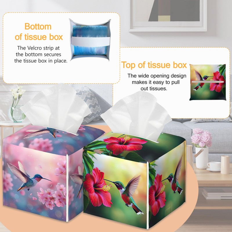 French Hummingbird Flower 2 Pcs Tissue Box Cover Square Leather