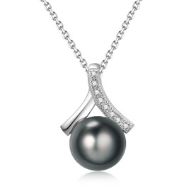 Genuine Tahitian Pearl Necklace with 925 Sterling Silver 5A Cubic Zirconia,Black Pearl Pendant Jewelry Giftsfor Women Wife Mom Her,Silver Chain Length 18''+2''