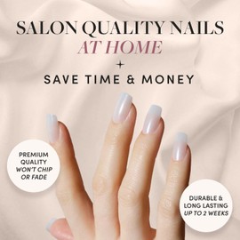 Glamnetic Press On Nails - Bailey | Glazed Sheer White Medium Square Fake Nails, Reusable | 15 Sizes - 30 Nail Kit Wtih Glue