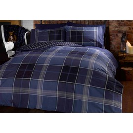 Argyle Single Quilt Duvet Cover and Pillowcase Reversible Bedding Bed Set, Tartan Check - Blue