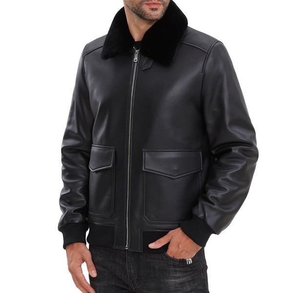 SILVER FASHIONS Mens Leather Jacket With Removable Real Fur Collar-The