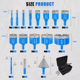 Diamond Hole Saw Kit with Pilot Bit, ZNXIMER Tile Hole Saw with Center Drill Bit for Marble, Granite, Ceramic, Porcelain Tile and More Drilling (K8-6/8/10/12/20/25/28/32/35/38/45/50/65/2/6/10)