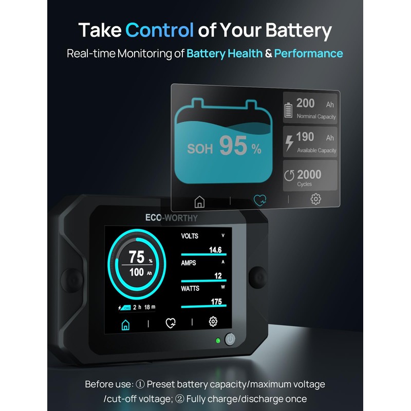 ECO-WORTHY Battery Monitor with Hall Sensor, 300A Touchable Backlight Display