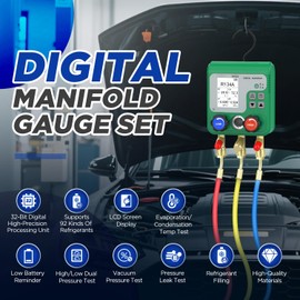 HVAC Digital Manifold Gauge Set 92 Refrigerants AC Gauge Set with Dual Pressure Test Digital Manifold HVAC Gauges with LCD Display for R134A/R22/R410A, AC Recharge Kit with Refrigerant Hoses,Suitcase