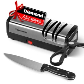 Narcissus Knife Sharpener, Diamond Abrasives Electric Knife Sharpener for Stainless Steel and Ceramic Knives, with Scissors Sharpener & Metal Dust Collection Box, Quick Sharpening & Polishing, Silver