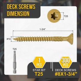 DTGN #8x1-3/4 Deck Screws - 300Pack - Good for Decks, Fences, Frames, Farms, Outdoor Furniture - Carbon Steel Wood Screws Decking Screws W/ T25 Torx Star Drive Bit - Tan