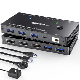 KVM Switch 1 Monitors 2 Computers 4K@144Hz 8K@60Hz, HDMI USB3.0 KVM Switches with 3 USB 3.0 Port,Wired Remote,Power Adapter and USB3.0 Cables Included(8K 2 PC 1 Monitor KVM)