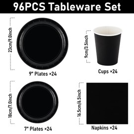 PARTY GO Party Tableware 96 Pieces Black Children's Birthday Girls Party Decoration Accessory Set Paper Tableware Set