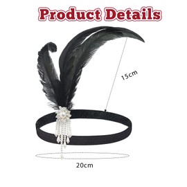 1920s Feather Headband, Headwear Flapper Headband Fashion Bling Rhinestone Hair Accessories for Women Girls Prom Gatsby Costume Theme Party Cocktail Party (Black-B, One Size)