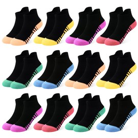 GENTABY Girls Trainer Socks Sports Ankle Kids White Black Athletic Running School Toddler Buffer Skin-Friendly Soft Cotton 12 Pairs for 5-7 Years Children in Summer