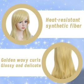 SWZY Blonde Wave Long Curly Wigs,Ladies Princess Girl Fancy Dress Wig Synthetic Hair, Women's Full Hair Natural Wavy Wigs With Bangs For Daily Wear Cosplay Masquerade