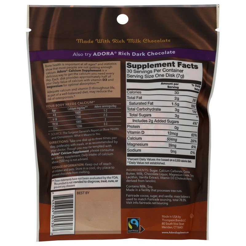 Adora, Calcium Disks Milk Chocolate, 30 Count