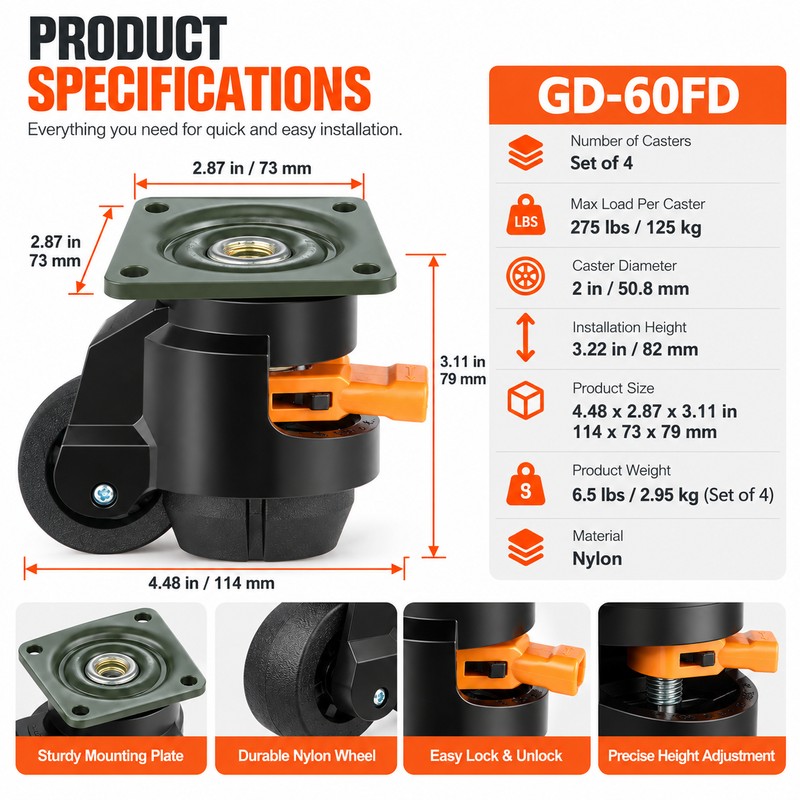 Heavy Duty Leveling Casters for Equipment – 360° Swivel Height-Adjustable