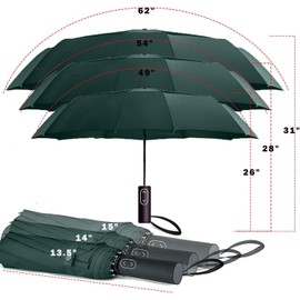 MRTLLOA 49/54/62 Inch Large Folding Golf Umbrella, Oversize Double Canopy Vented 10 Ribs Windproof Compact Travel Umbrellas for Rain(54 Inch, Green)