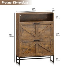 Espelism Shoe Storage Cabinet with LED Light and 2 Flip Drawers, Narrow Entryway Shoe Organizer with Open Shelf, Hidden Shoe Rack with Metal Legs for Hallway,Living Room (Rustic Brown, 2 Drawers)