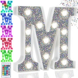 Pooqla Colorful Light Up Letters, Silver LED Marquee Letter Lights Battery Operated,16 Colors Glitter Alphabet Letter Sign Night Lights for Girls Birthday Party Wedding Bedroom Decoration, Letter M