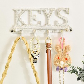 Sungmor Cast Iron Key Holder for Wall, Vintage White Keys Shape Key Rack with 4 Hooks, Rustic Wall Mount Key Organizer Hanger, Decorative Utility Hooks for Entryway, Front Door, Home Decor